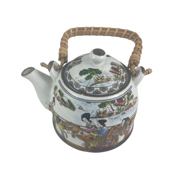 Vintage Hand-Painted Porcelain Teapot With Wicker Handle & Lid - Picture 3 of 8